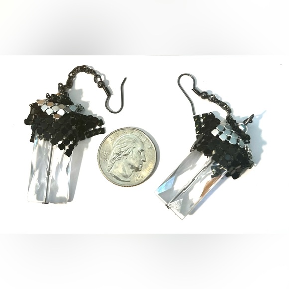 Vintage Retro Dangle Black And Silver Tone Metal Chain And Crystal Hook Earrings - Picture 2 of 8
